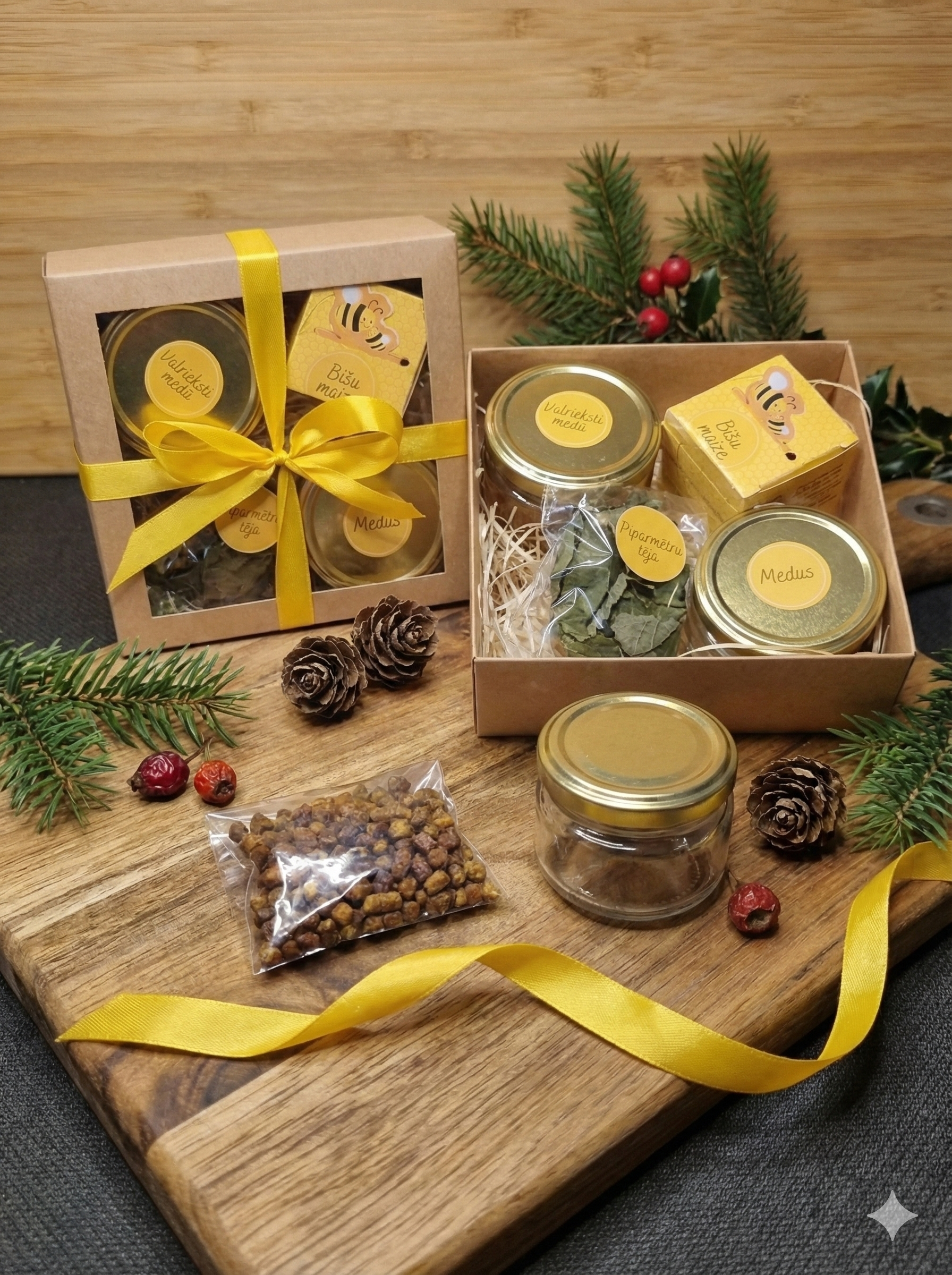 Dāvana - medus + bišu maize + valrieksti medū + piparmētru tēju